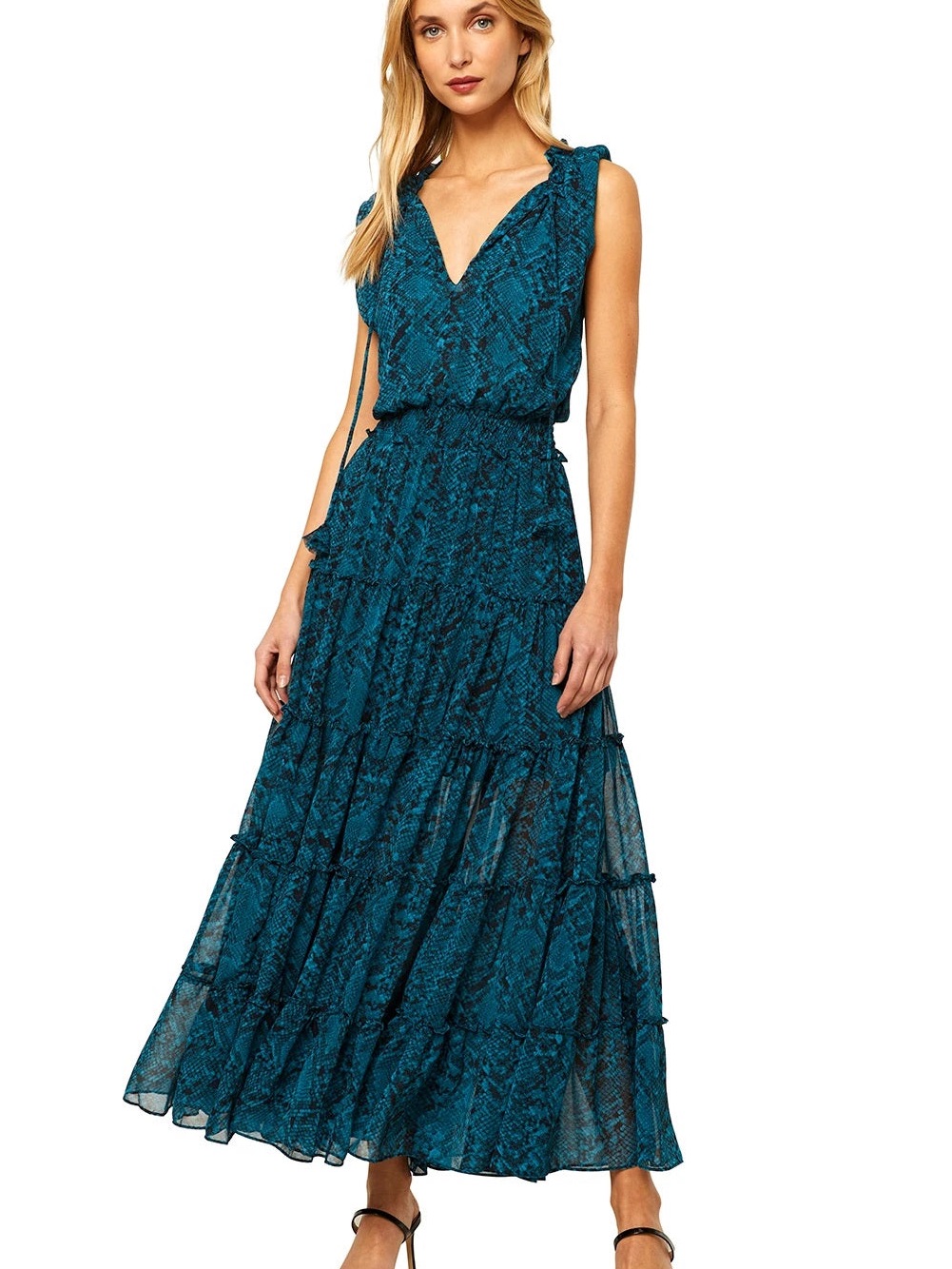 Misa Los Angeles Teal Tiered Vneck Maxi Dress